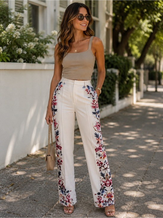 Zara Pants - 275. Zara Cream Floral Boot-Cut Pants with Burgundy & Navy Accents